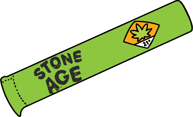 Green joint tube labeled 'Stone Age' with a cannabis leaf icon and '21+' symbol.