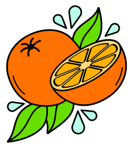 Illustration of an orange with a slice cut out, surrounded by green leaves and water droplets.