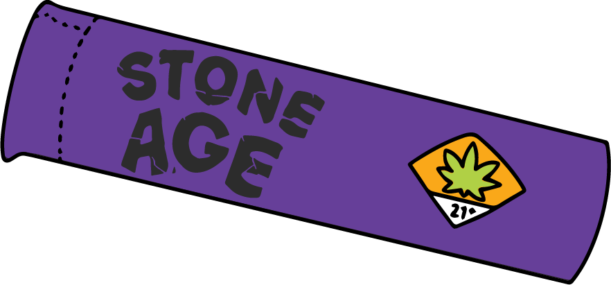 Purple joint tube with 'Stone Age' text and cannabis leaf graphic, 21+ symbol