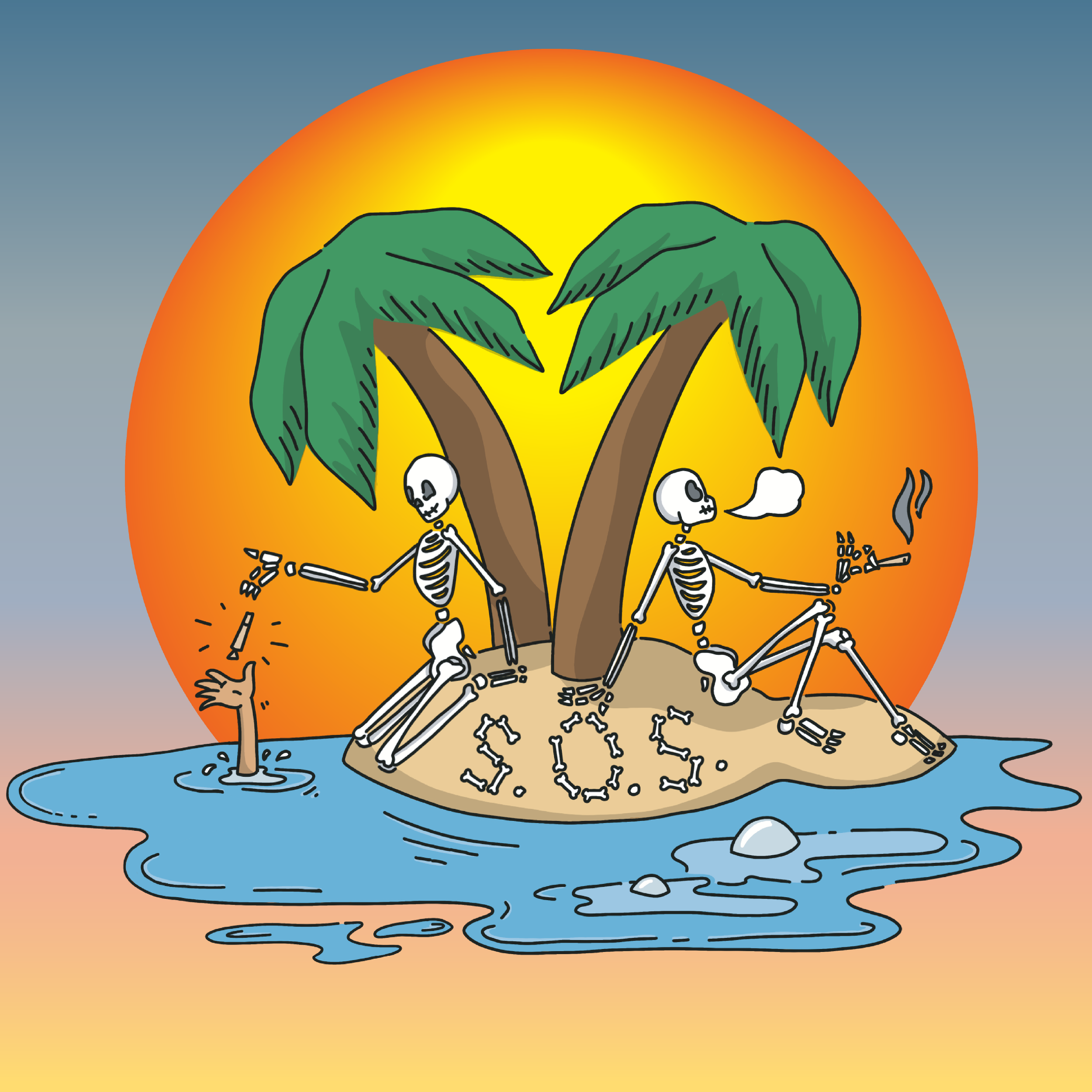 Cartoon drawing of two skeletons relaxing on a small island with two palm trees, one is smoking while the other helps an arm coming out of the water. There's an SOS signal made of bones on the sand. Background features a sunset over the ocean.