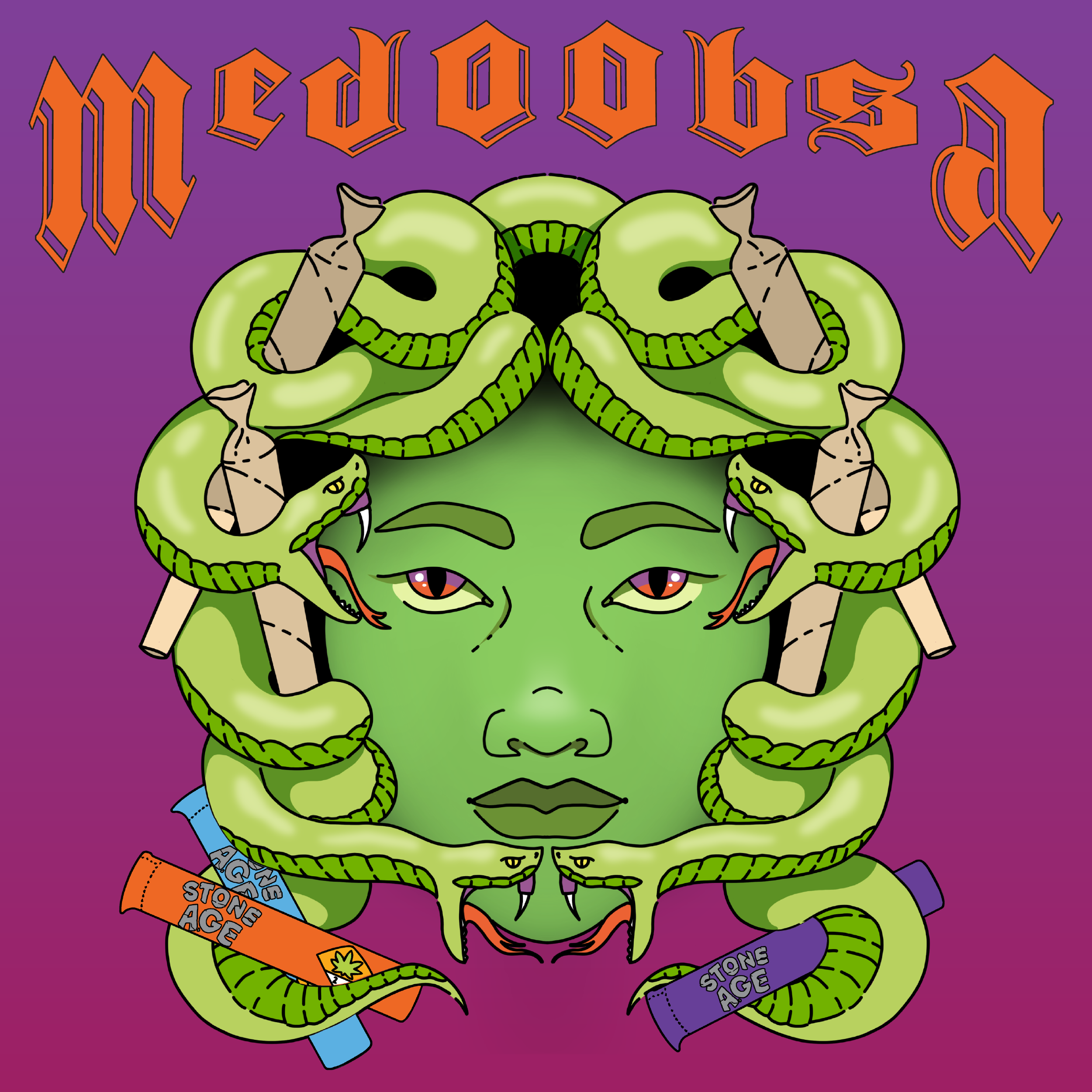 Illustration of Medusa with green snakes for hair, smoking a joint, with a purple-to-orange gradient background. The text "Medoobsa" appears above in orange, stylized font, and joints labeled "Stone Age" are incorporated in the design.