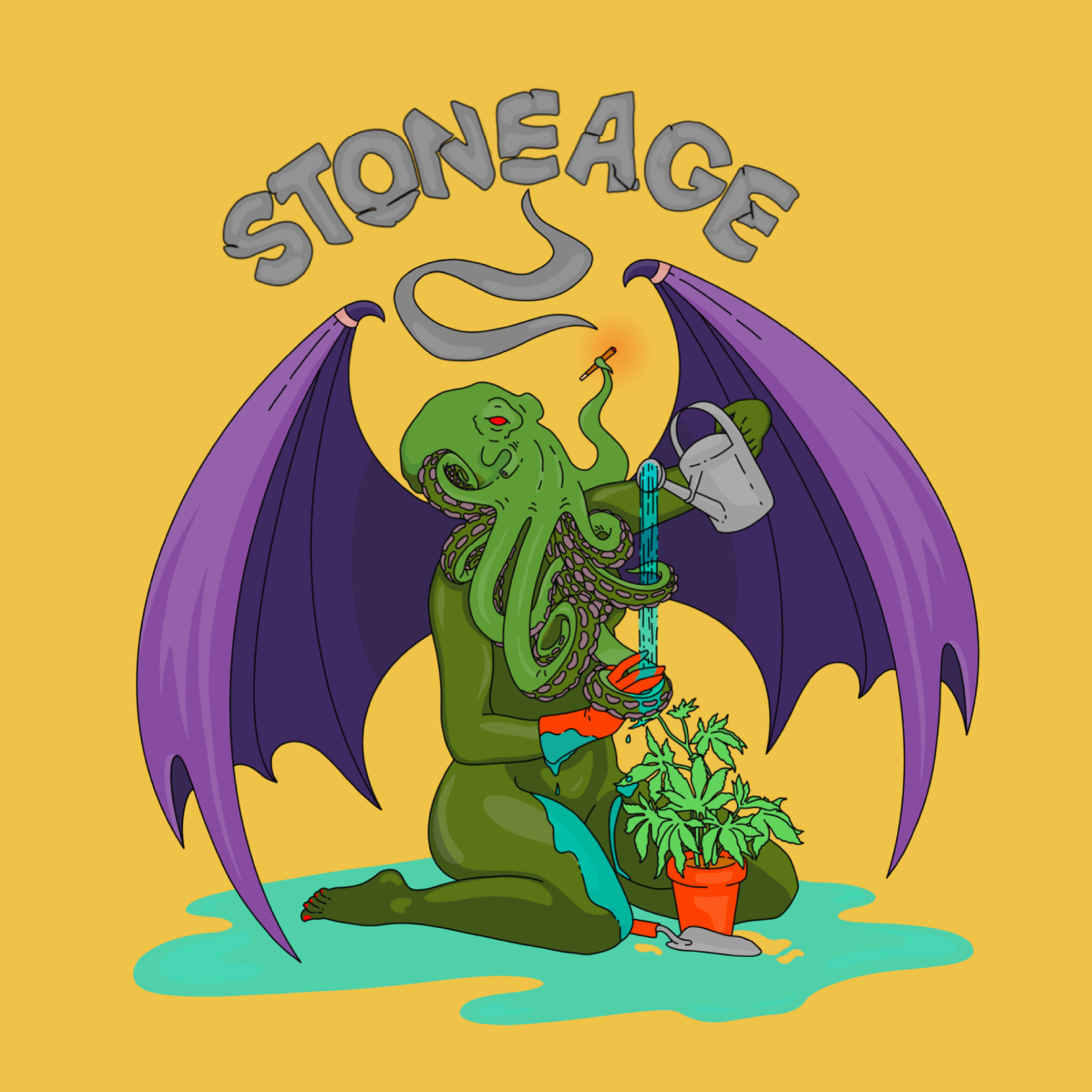 Illustration of Cthulhu character smoking from a bong and watering a cannabis plant, with purple wings, set on a yellow background. The word 'STONE AGE' is at the top.