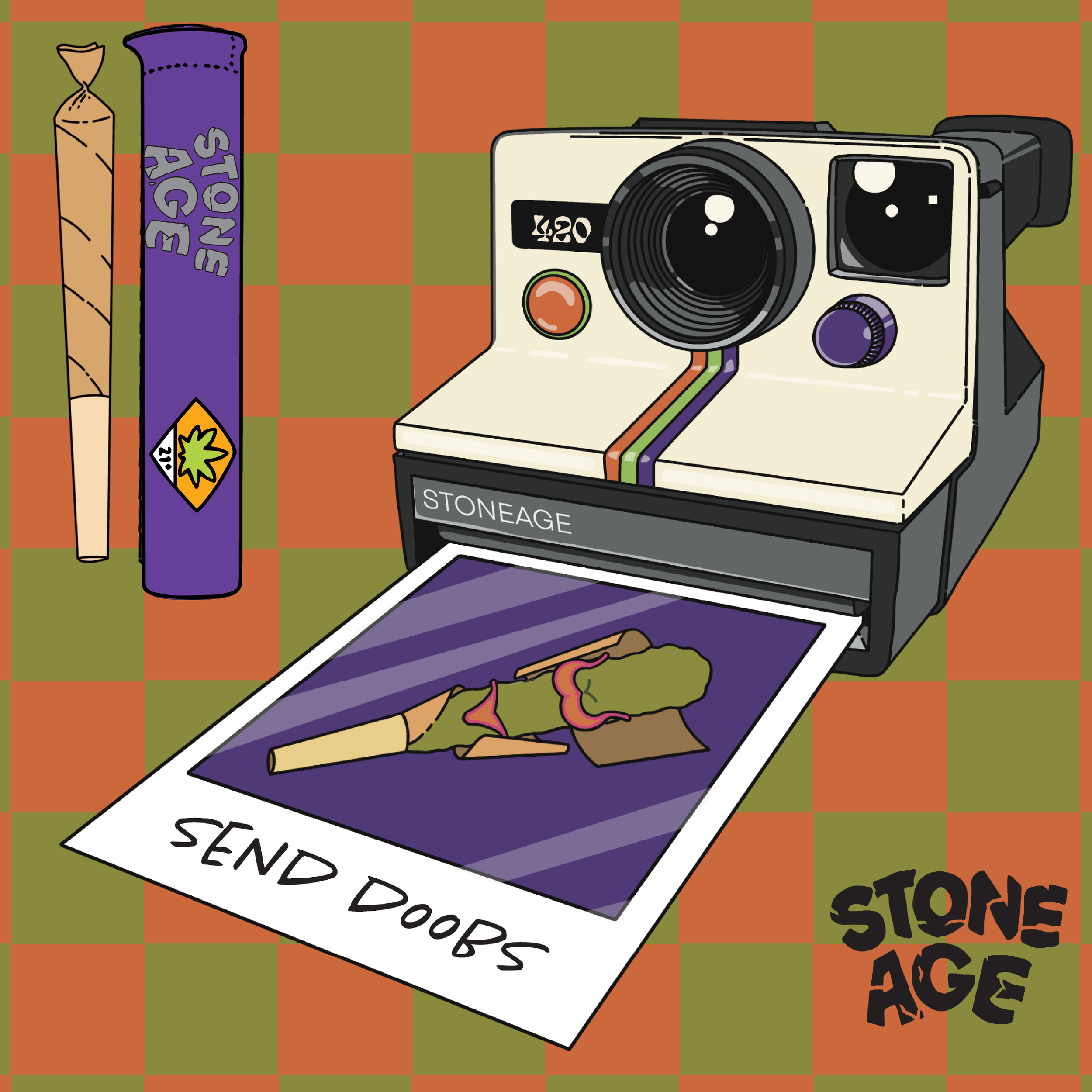 Illustration of a vintage Polaroid camera labeled "Stoneage" with a photograph emerging that says "Send Doobs." There's a rolled joint and a purple container also labeled "Stone Age" beside the camera, set against an orange and green checkered background.