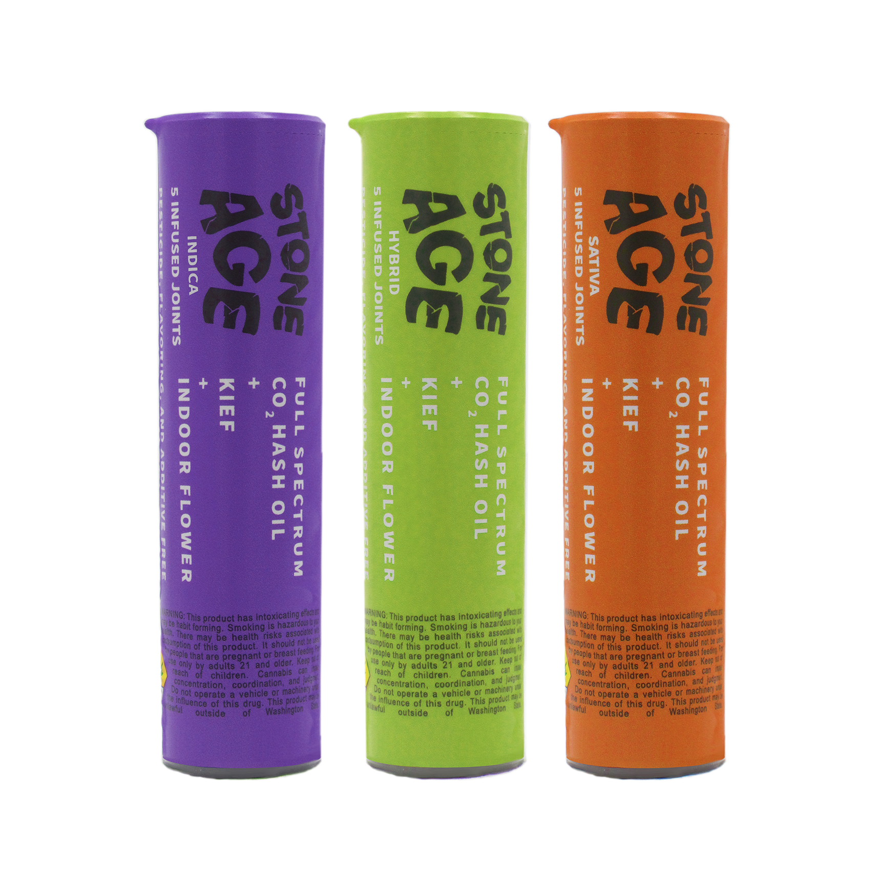 Three cylindrical 5 pack containers of Stone Age pre-rolls, marked with strain types: Indica (purple), Hybrid (green), and Sativa (orange), each labeled with 'Full Spectrum CO2 Hash Oil + Kief + Indoor Flower.'