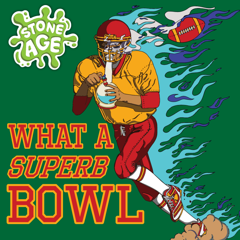 Illustration of a football player in a yellow jersey holding a bong, with a flaming football in the background, text reads "WHAT A SUPERB BOWL" with "NEW PRODUCT!" and an arrow pointing right.