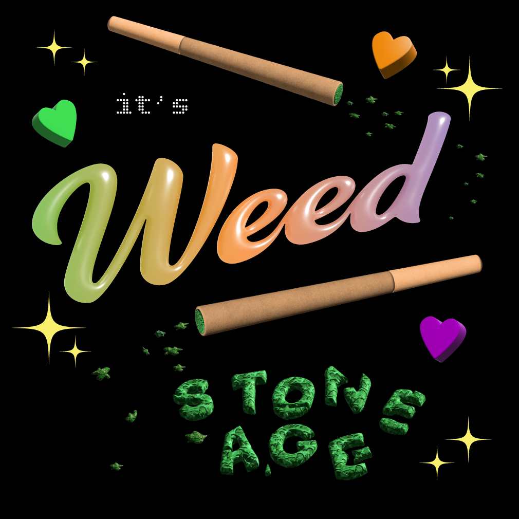 Colorful typography image with the word 'Weed' in gradient letters, surrounded by joint and candy illustrations, glittering stars, a heart symbol, and the text 'artificial flavors are for suckers' and 'Stone Age' on a black background.