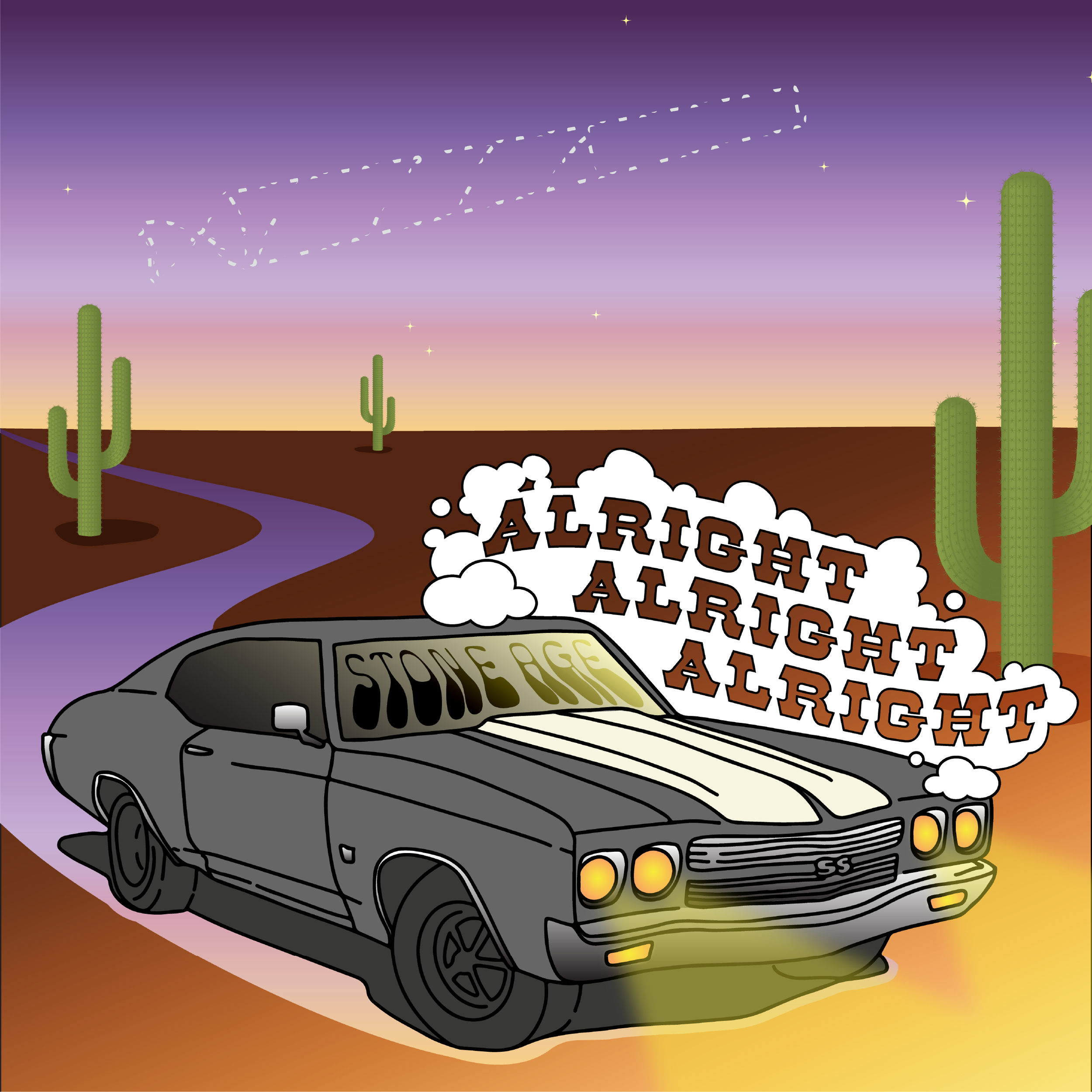 Illustration of a vintage car on a desert road with cacti, colored in a sunset gradient. The car has "Stone Age" written on the windshield and "Alright Alright Alright" in cloud-like text above it. 