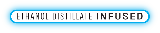 Close-up of a label that reads 'Ethanol Distillate Infused' with a blue border.