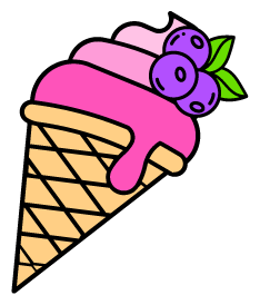 Illustration of a pink ice cream cone topped with blueberries and pink frosting.
