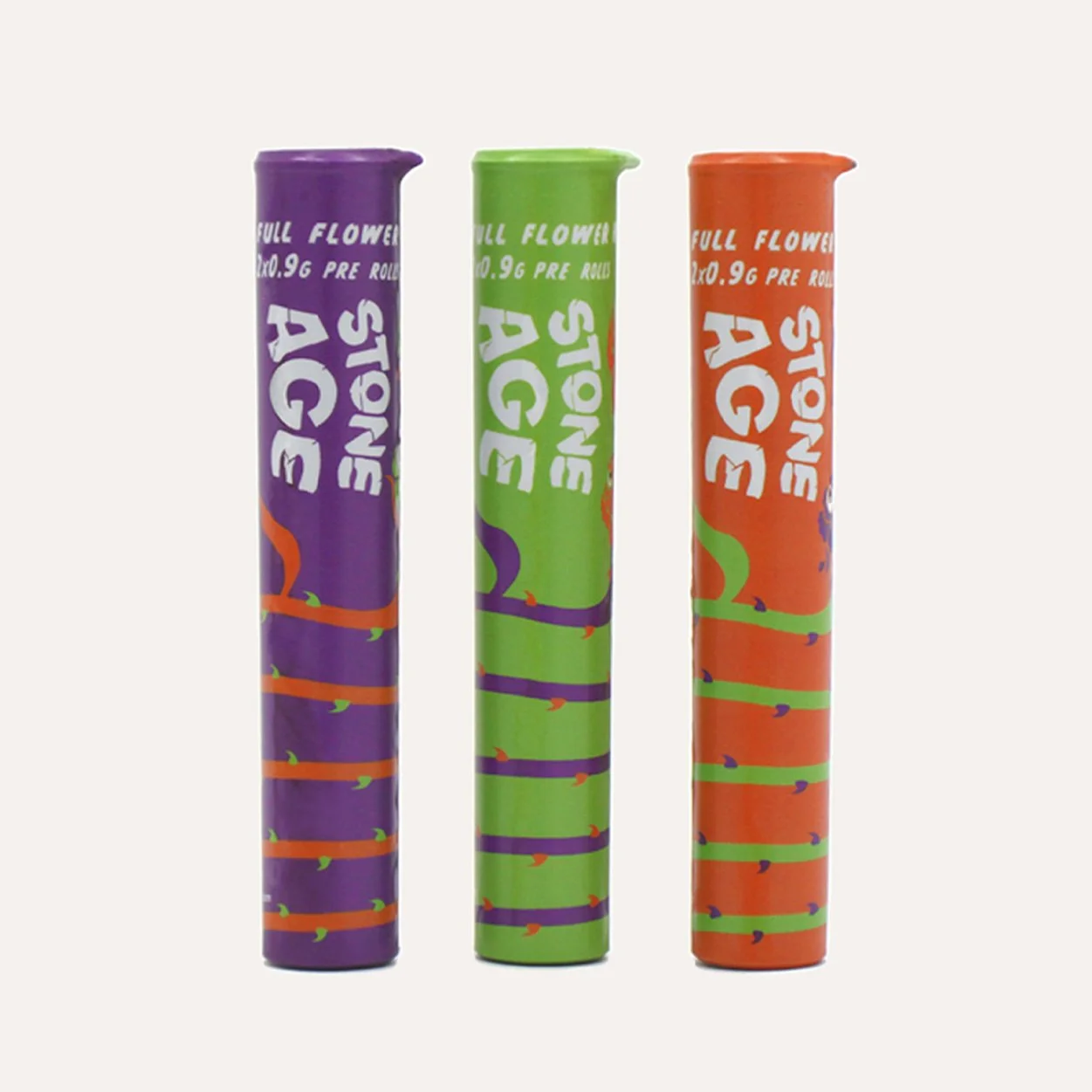 Three colorful cylindrical containers of uninfused joints labeled 'Stone Age' in purple, green, and orange.