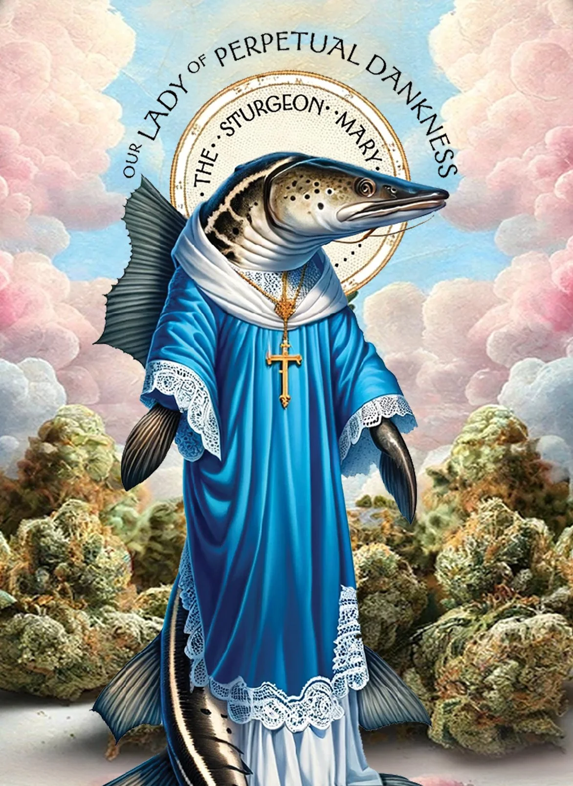 Surreal artwork depicting a sturgeon wearing a blue robe and a cross, with text "Our Lady of Perpetual Dankness: The Sturgeon Mary," set against a cloudy background.