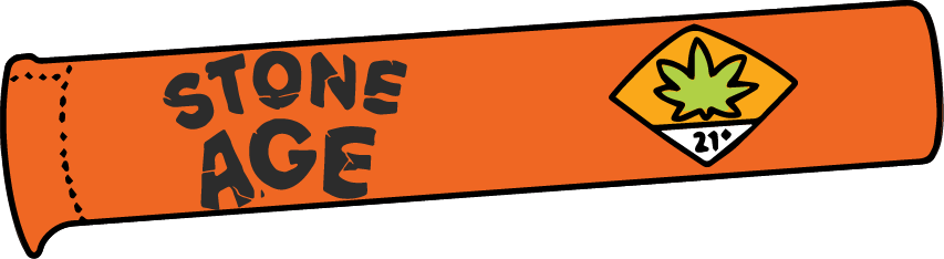 Orange joint tube with "Stone Age" text and a cannabis leaf symbol, age restriction 21+.