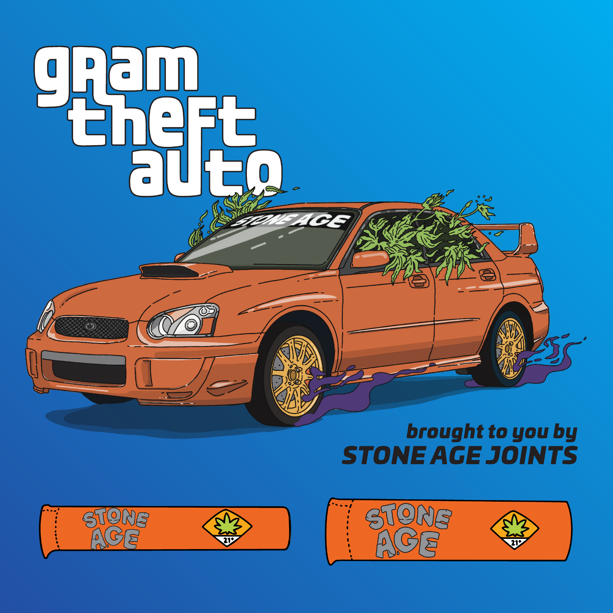 Illustration of a cartoon-style orange car with cannabis plants inside and purple smoke trailing from the wheels, paired with text 'Gram Theft Auto' and 'brought to you by Stone Age Joints' on a blue background.
