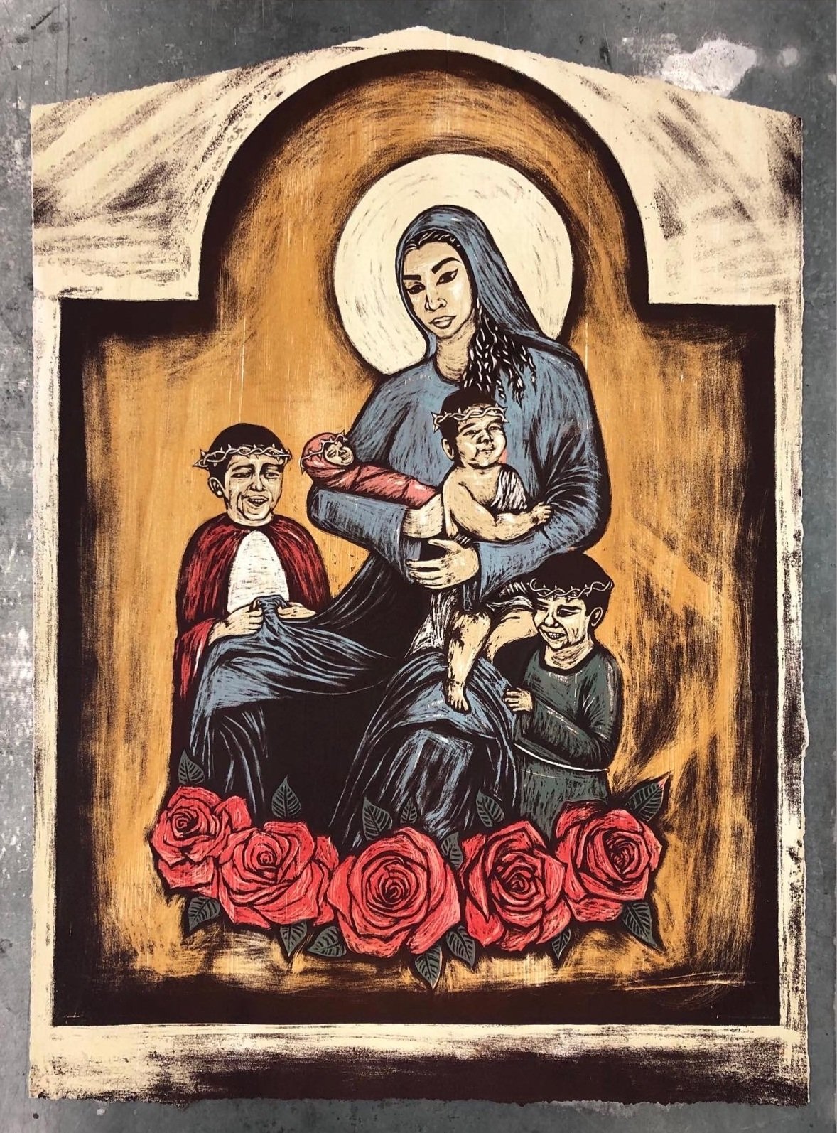 "Sacred Mother" 7 Layered Woodcut & Lithograph, 27 x 34'' 2021