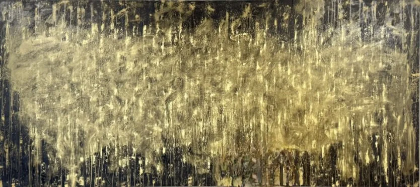 MILES IN, 2025. oil, enamel, metallic oil on linen. 60 x 140 x 2 inches