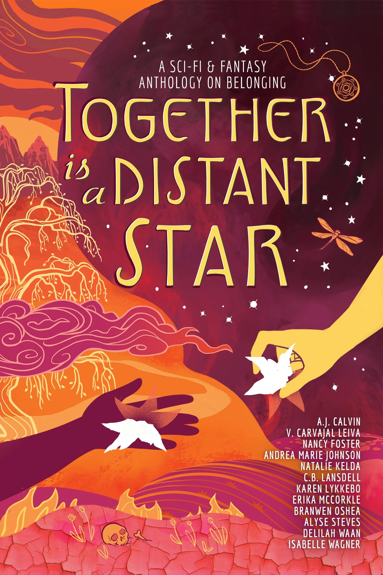Book cover for Together is a Distant Star featuring an fantastical illustration of two hands reaching out to one another.