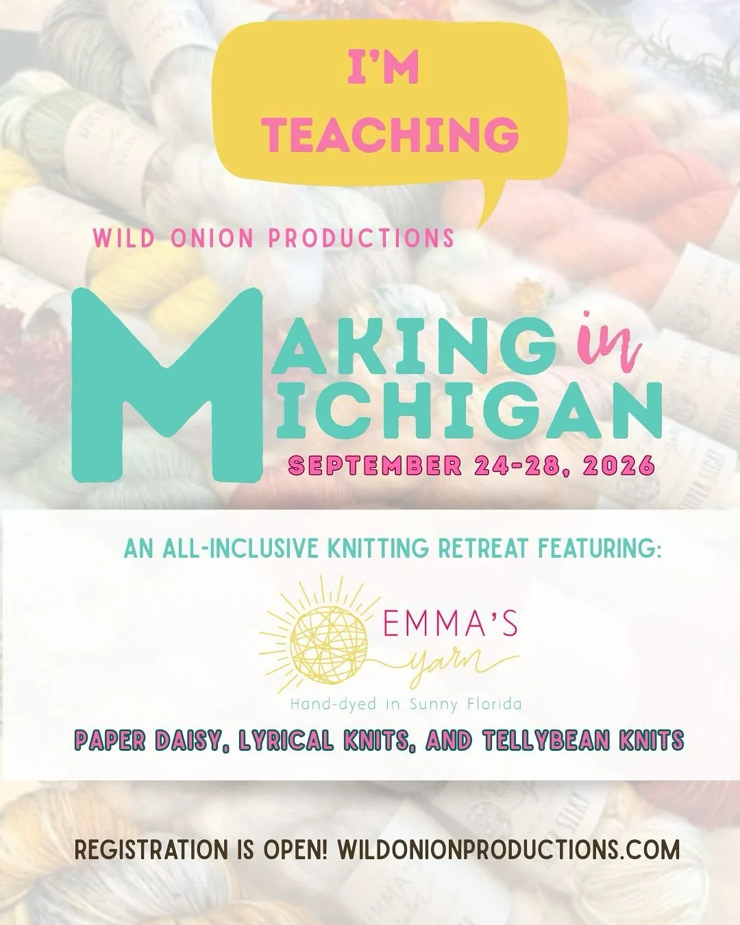🌻You’re Invited! Come with me to Michigan next September 24-28 for an incredible yarn-filled getaway!🌻
 
Join @lyricalknits, @tellybeanknits, and ME for a retreat featuring @emmasyarn, @fourpurls, and @agoodyarnsarasota! We’ll have clas
