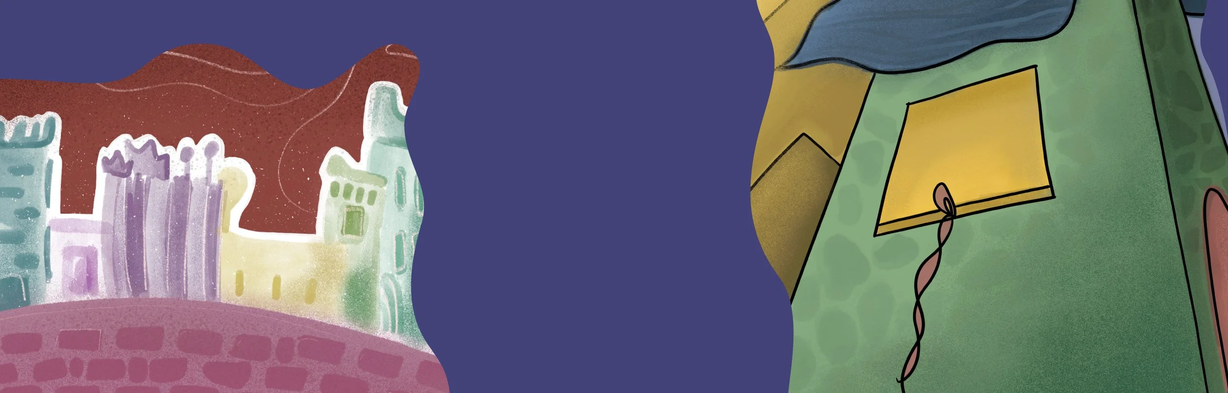 A decorative rectangular frame made of various geometric shapes in shades of blue, including circles, squares, rectangles, triangles, stars, and arches.