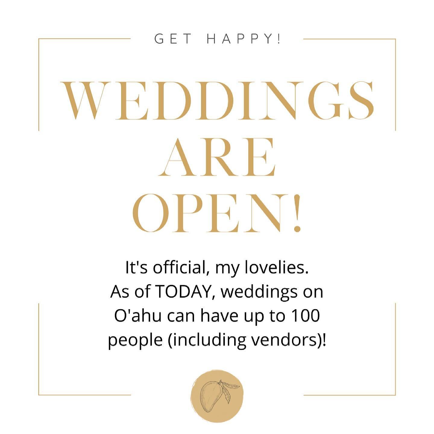 &mdash;
It is official, my lovelies - O&rsquo;ahu is reopening weddings beginning TODAY!
.
A mighty and committed team of wedding professionals, led by Susan and the awesome @oahuweddingassociation,  poured much of their free time and passion into fo