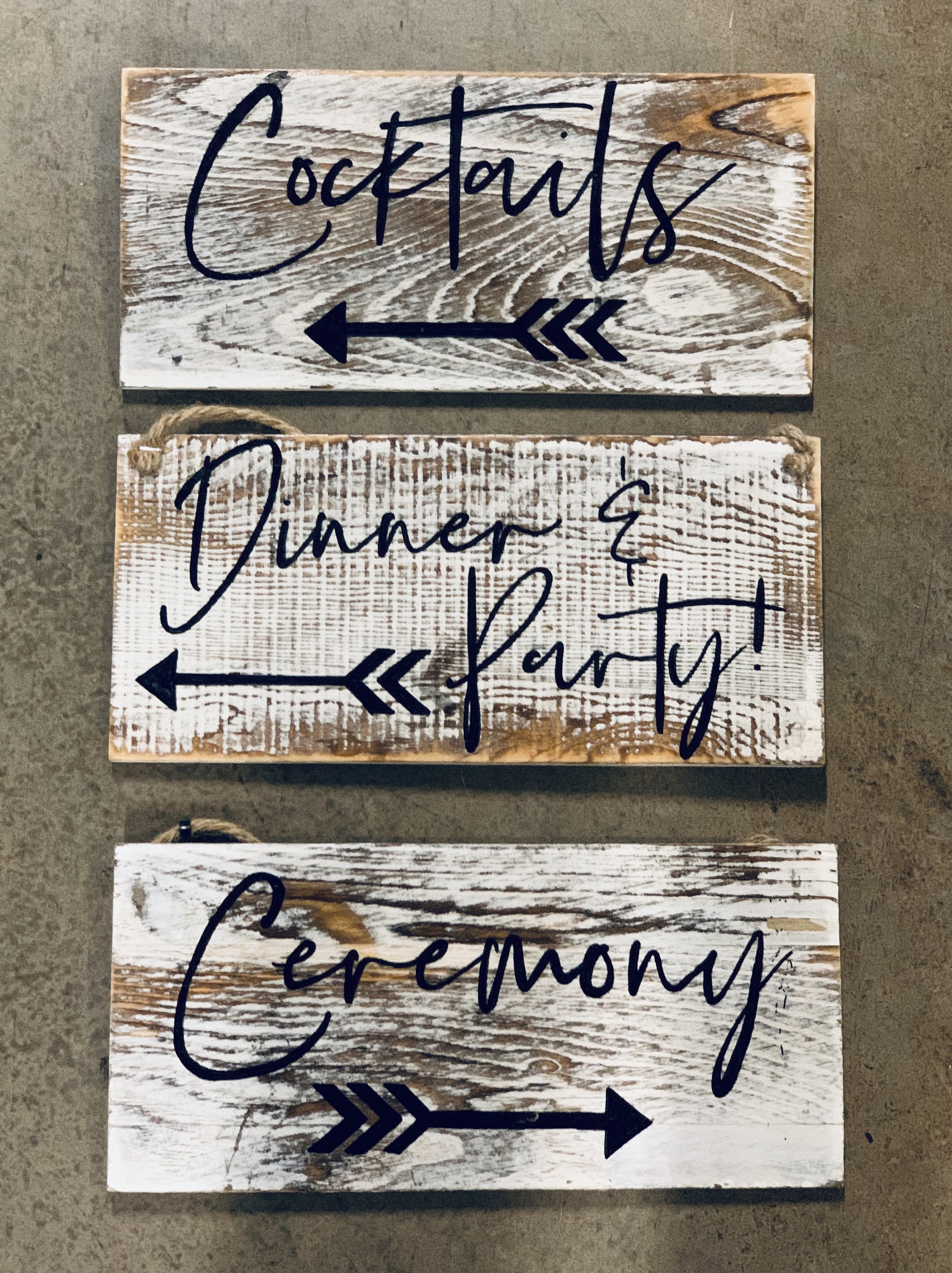 Hanging Whitewashed Wayfinding Signs // Qty: 1 "Ceremony", 1 "Cocktails", 1 "Dinner & Party" (**NOTE: meant to hang**)
