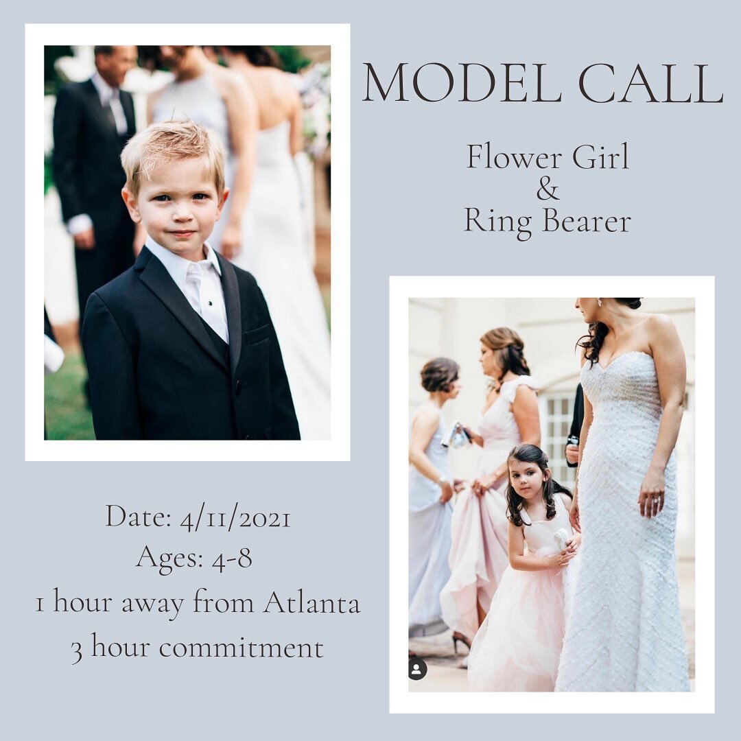 Do you happen to have/know any children that are looking to get into/are in modeling? 

I have a styled shoot coming up and looking for a young girl and boy to be the flower girl and ring bearer. 

Ages around 4-8.  Date is 4/11.  The venue is about 