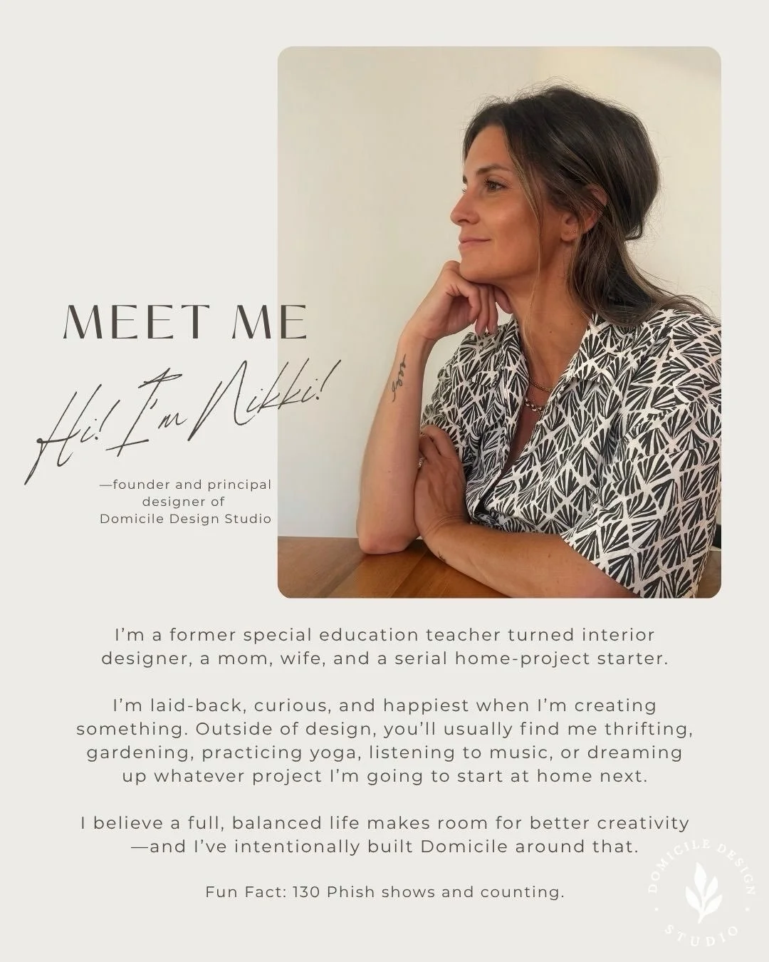 A little more about the woman behind Domicile Design Studio.

Former special education teacher, lifelong furniture rearranger, vintage treasure hunter, wife, mom, and firm believer that good design should have a little personality.

I love a solid pl