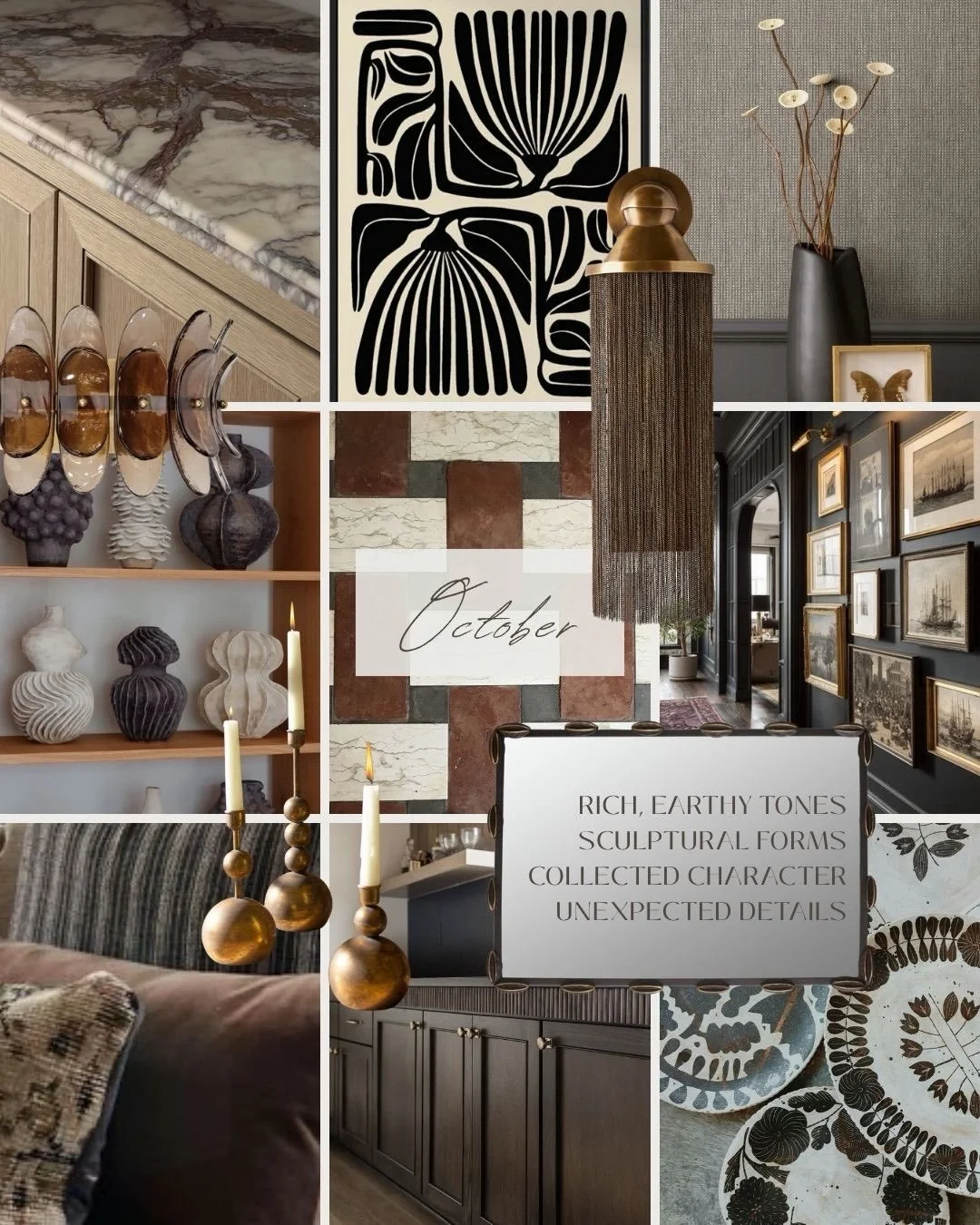A look at what&rsquo;s inspiring us this October at Domicile. Rich woods, moody earth tones, sculptural details, and unexpected elements that add some personality.

#DomicileDesignStudio #PhiladelphiaInteriorDesigner #CollectedInteriors #InteriorDesi