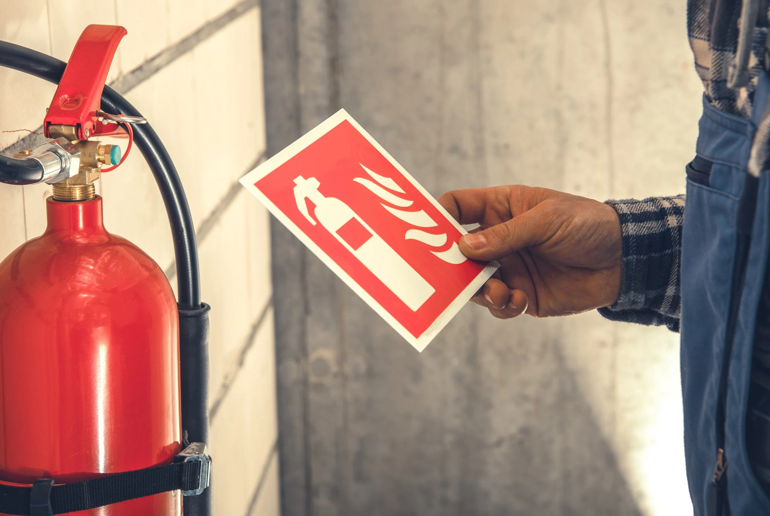 Person holding a fire extinguisher safety instruction sticker near a fire extinguisher.