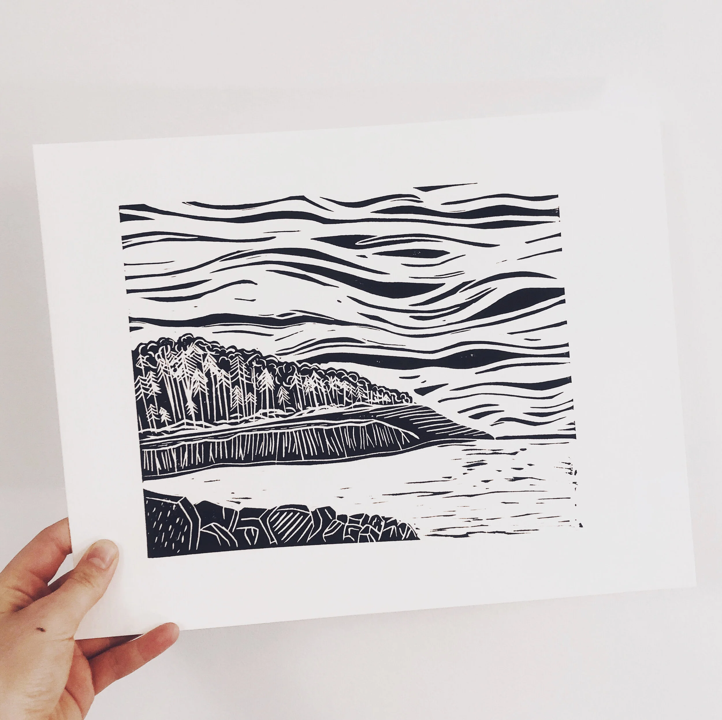 "Pictured Rocks" a hand carved linocut block print