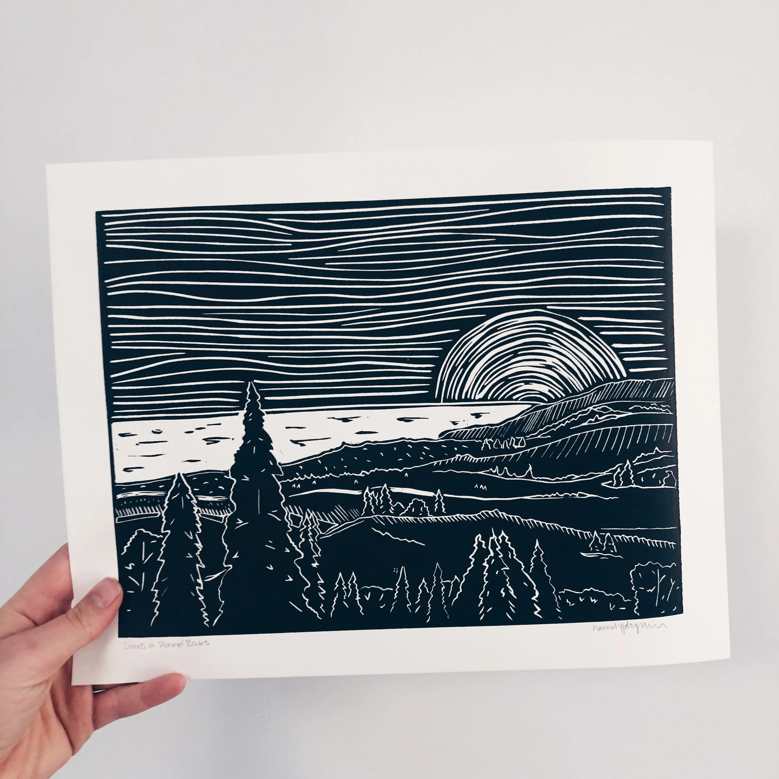 "Dunes at Pictured Rocks" a hand carved linocut block print