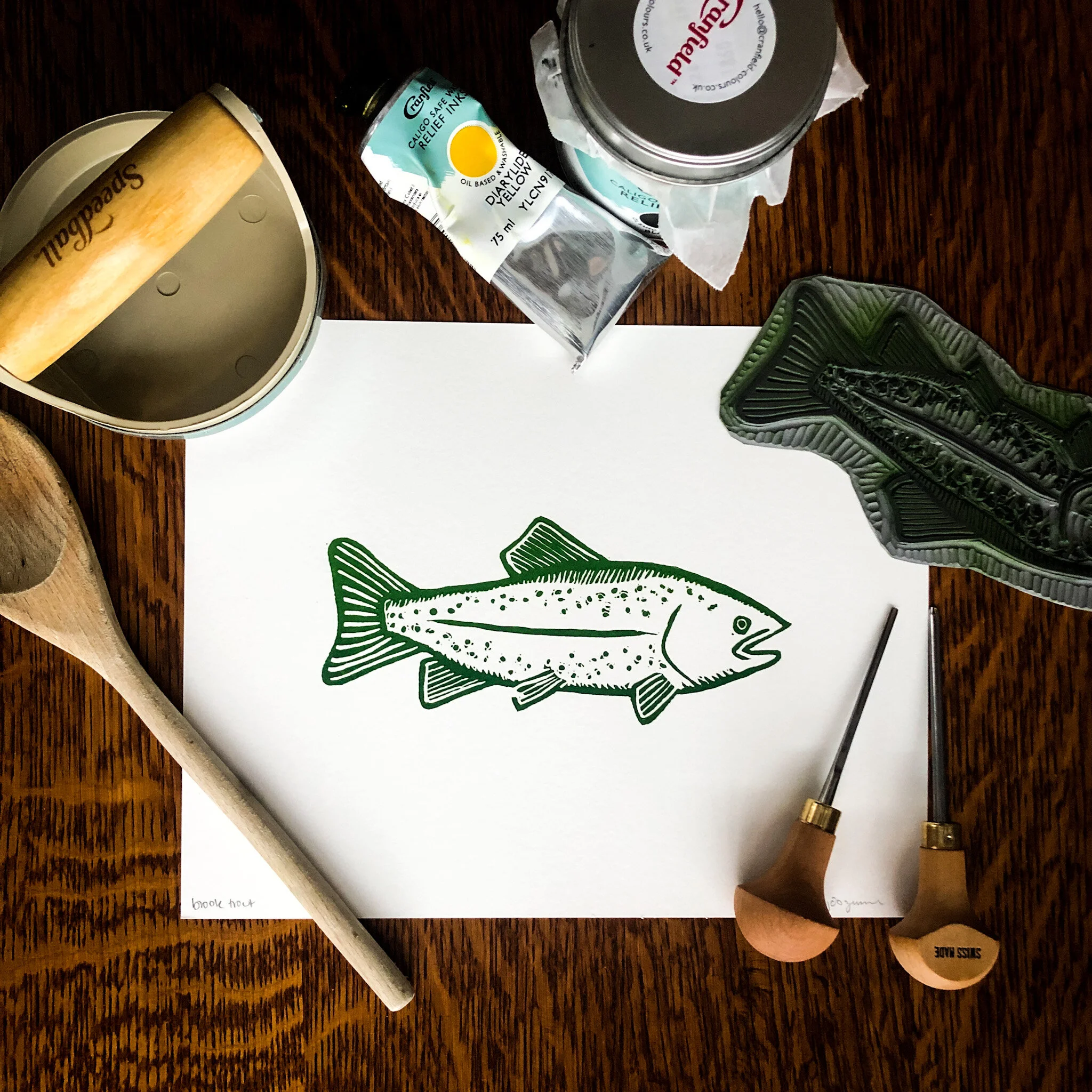 "Brook Trout" a hand carved linocut block print