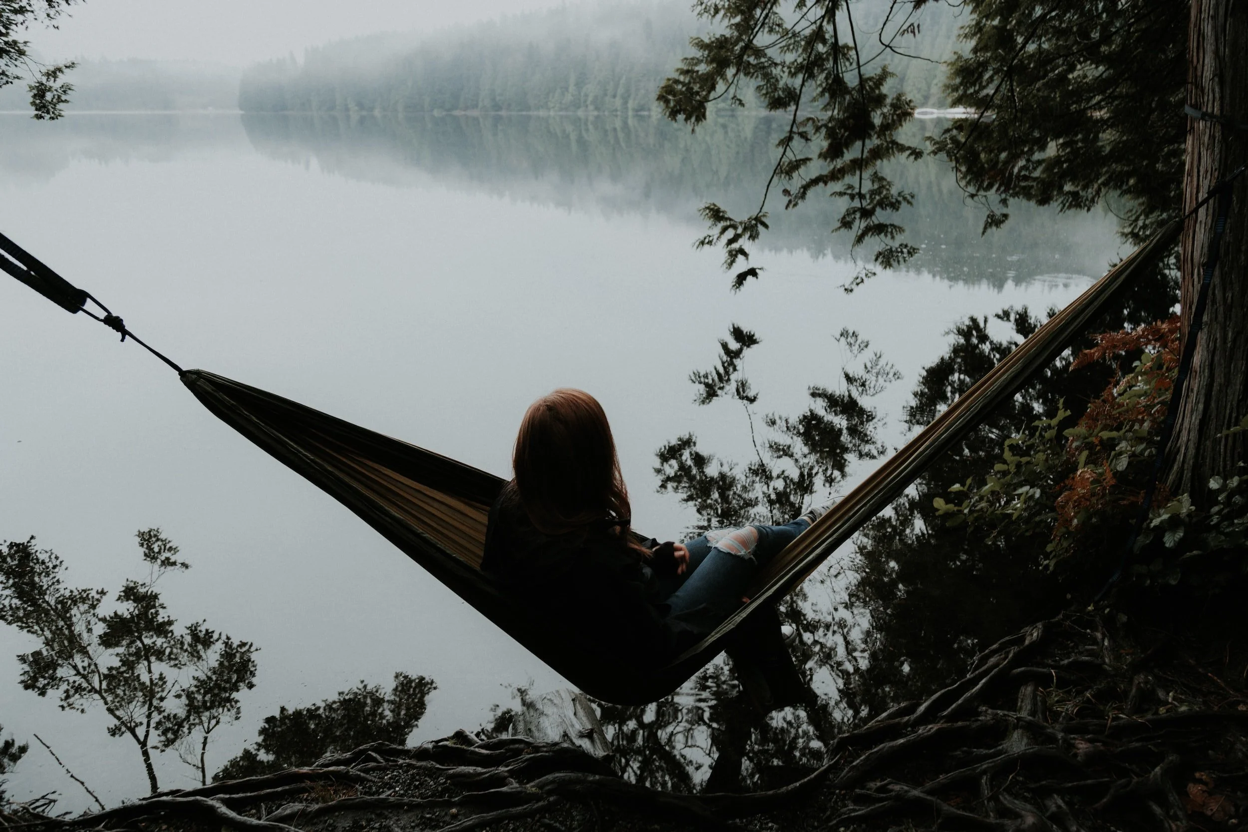 A person relaxing in a hammock tied between trees by a calm lake, surrounded by wooded nature.