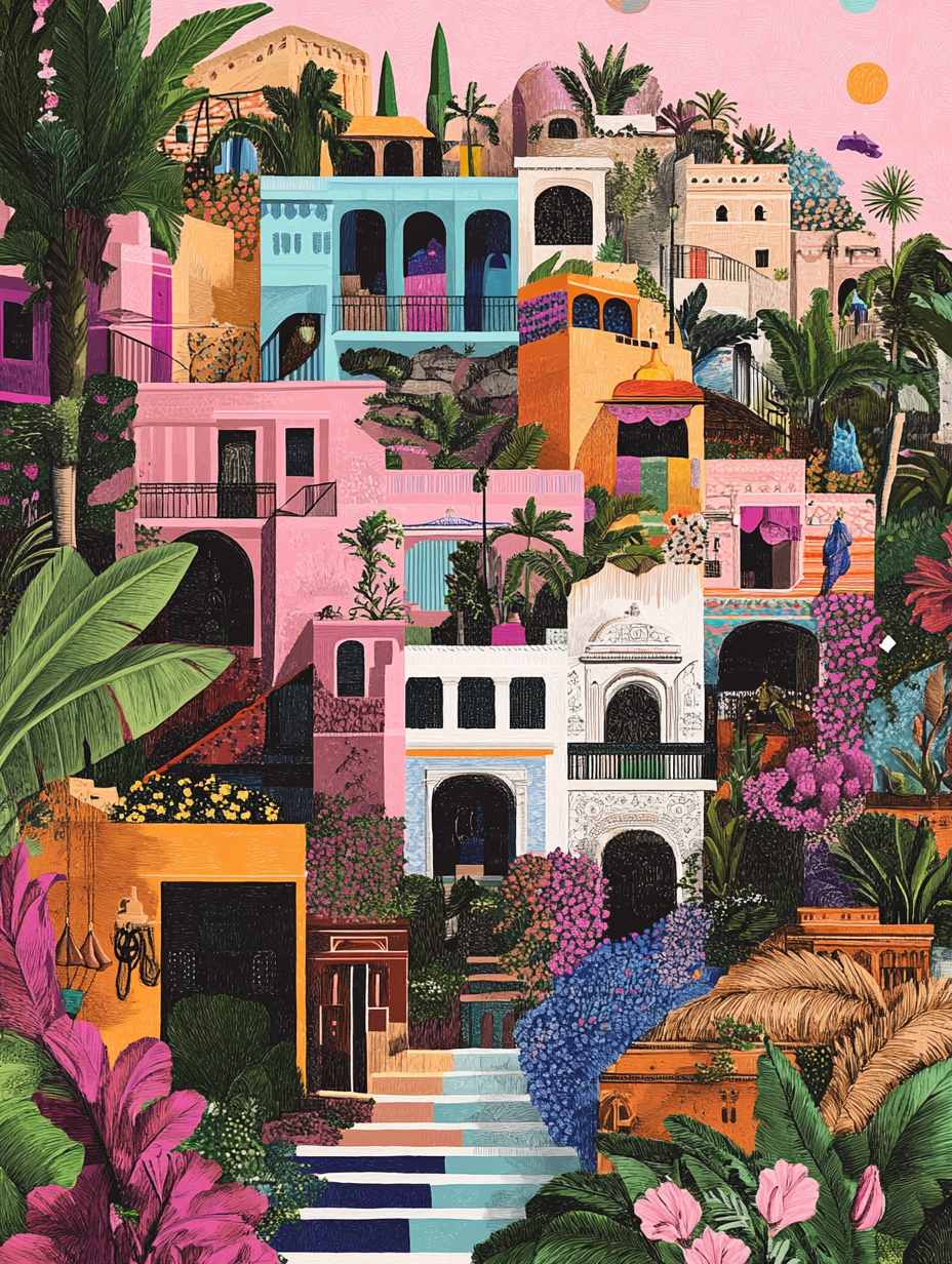 Colorful illustration of a hillside village with multi-colored houses, lush greenery, and vibrant flowers, set against a pink sky with orange and purple clouds.