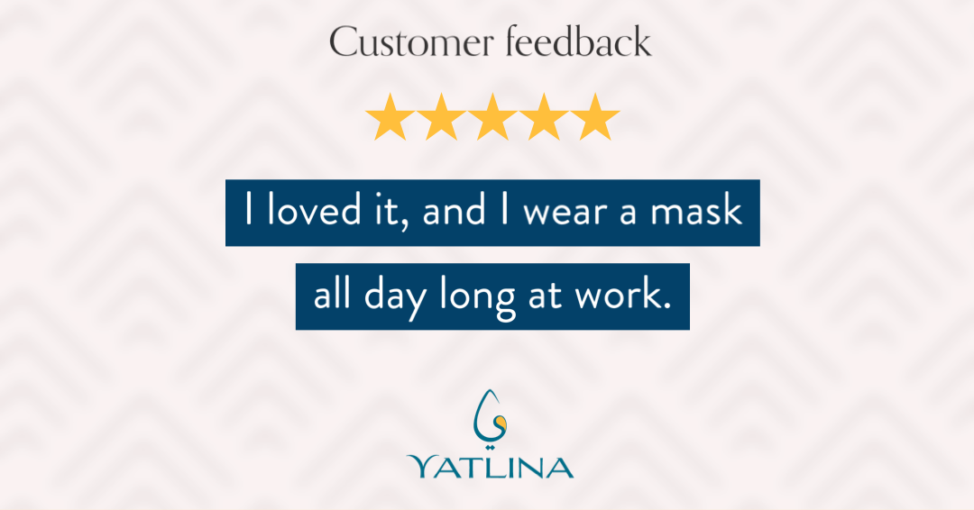 Customer feedback with five gold stars and a testimonial that says, 'I loved it, and I wear a mask all day long at work.' The YatLina logo is at the bottom.