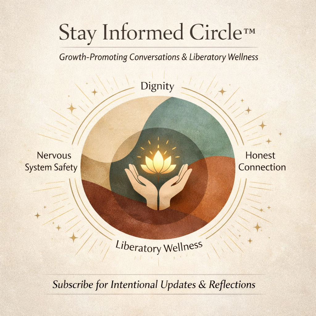 A graphic titled "Stay Informed Circle" with a subtitle "Growth-Promoting Conversations & Liberatory Wellness." It features a circular diagram with overlapping sections labeled "Dignity," "Honest Connection," "Liberatory Wellness," and "Nervous System Safety." In the center, there are hands holding a lit lotus flower. The background has a beige tone with decorative sparkles and lines.