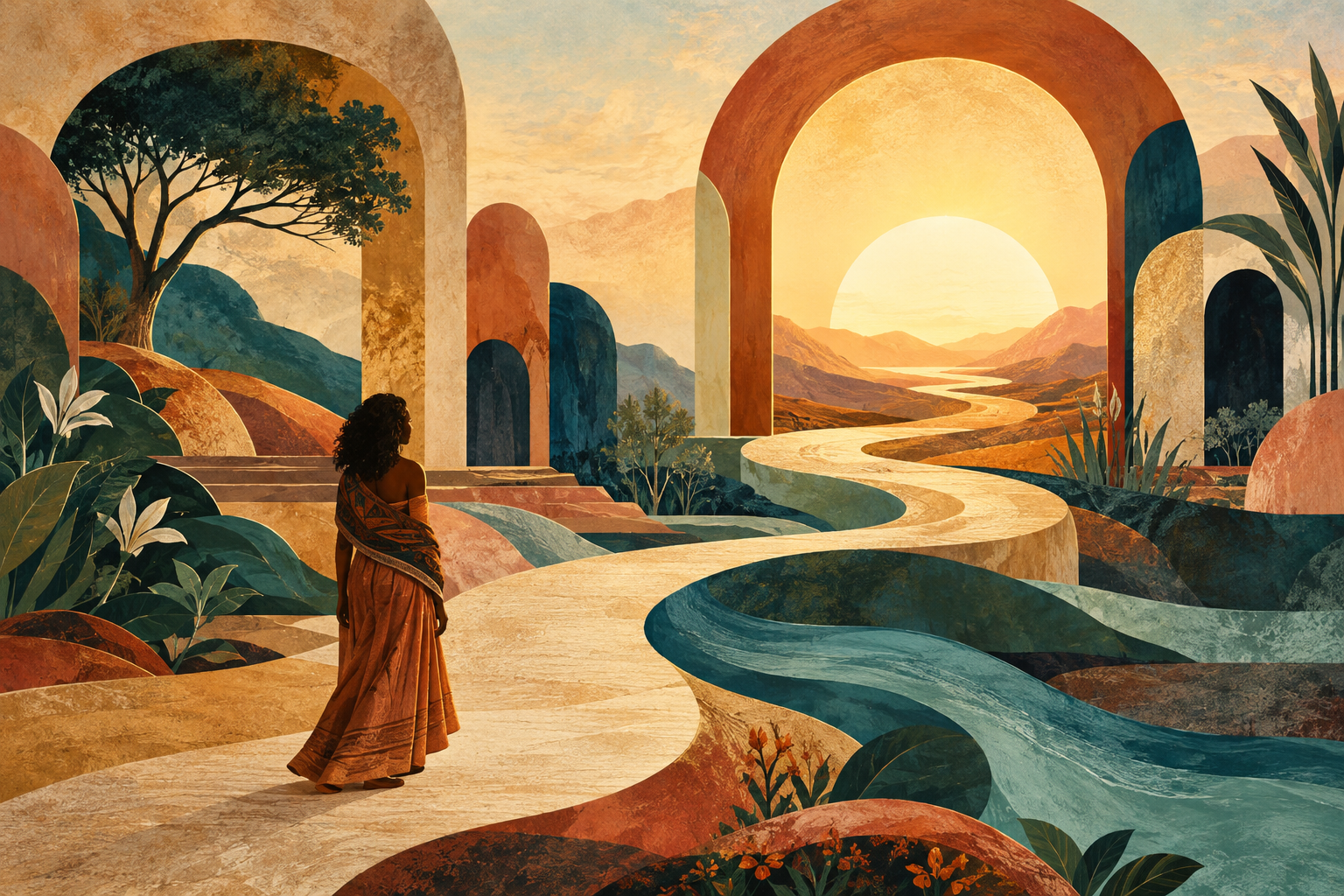 Painterly landscape in warm sandstone, rust, teal, and gold, featuring a person walking along a winding path beneath large rounded arches toward a glowing horizon.