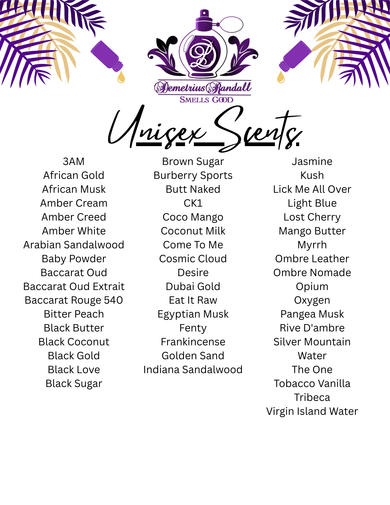 Unisex Collection Oil List