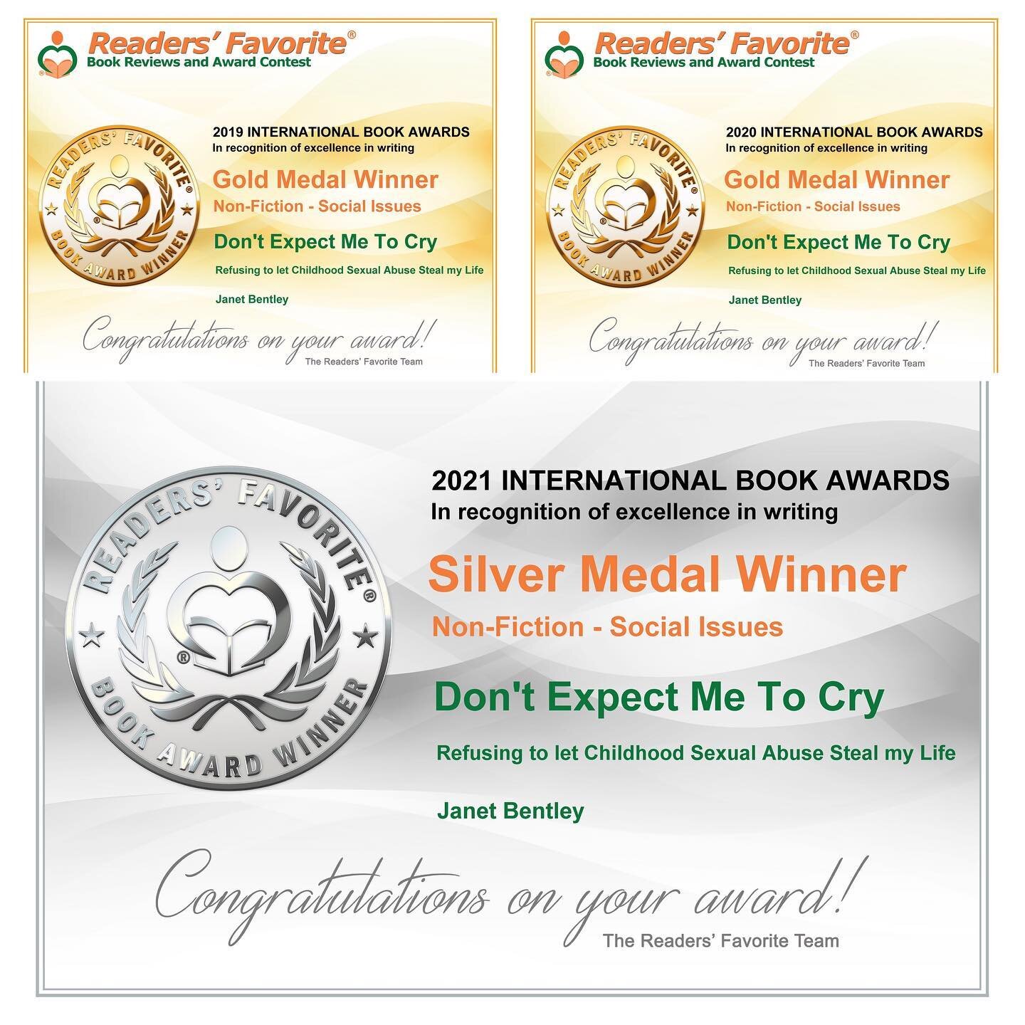 3 Years in a row.  I am so grateful and motivated to keep going. 
🙏🙂
&quot;Readers' Favorite recognizes &quot;Don't Expect Me To Cry&quot; by Janet Bentley in its annual international book award contest, currently available at http://www.amazon.com