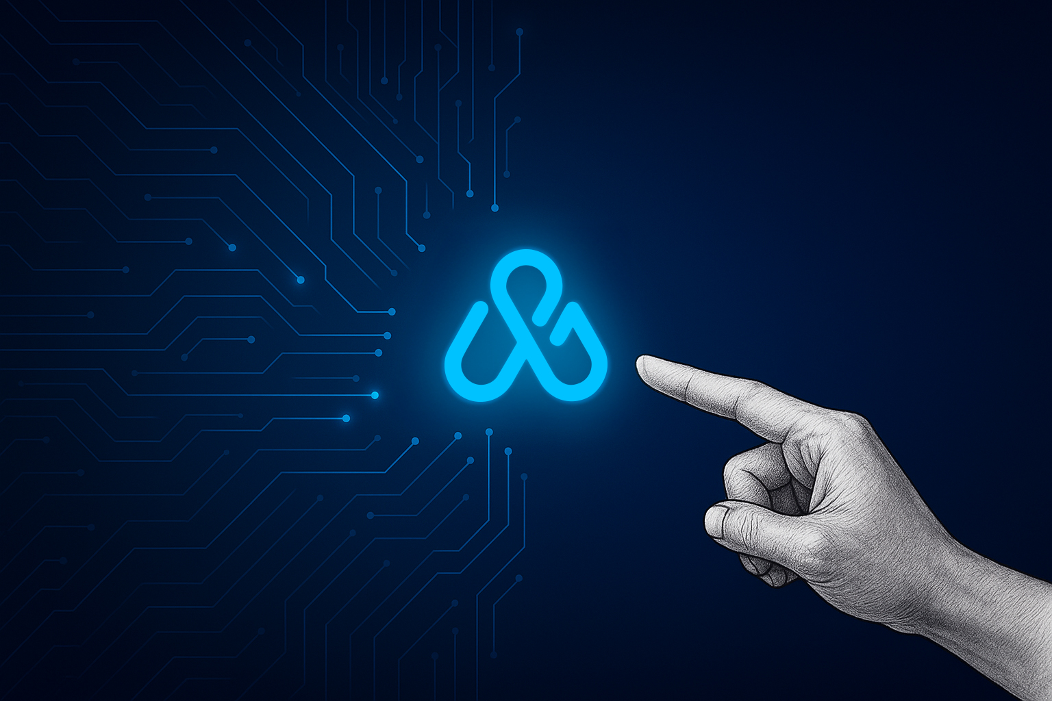 A digital drawing of a hand pointing at a glowing blue logo, with circuit patterns in the background.
