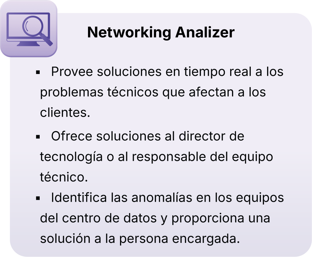 Description of a digital presentation slide titled 'Networking Analyzer' with functions listed in Spanish, including providing real-time solutions to technical problems, offering solutions to IT managers, and identifying anomalies in data center equipment.