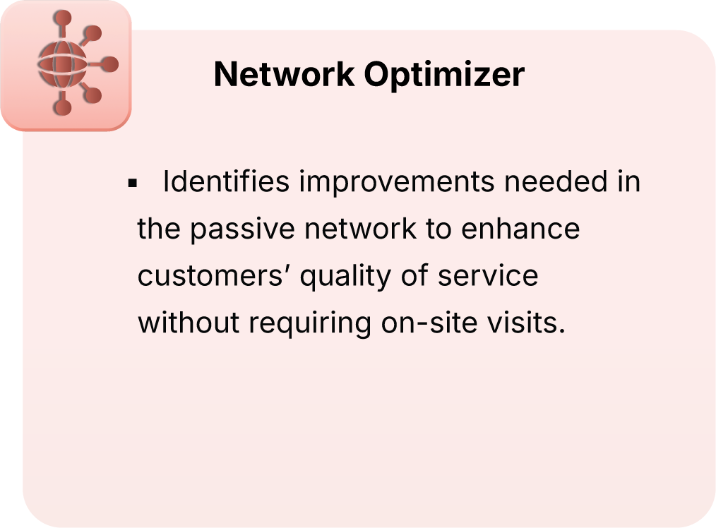 Slide titled 'Network Optimizer' with bullet point about identifying improvements to passive networks to enhance customer service without on-site visits, featuring a network icon in the top left corner.