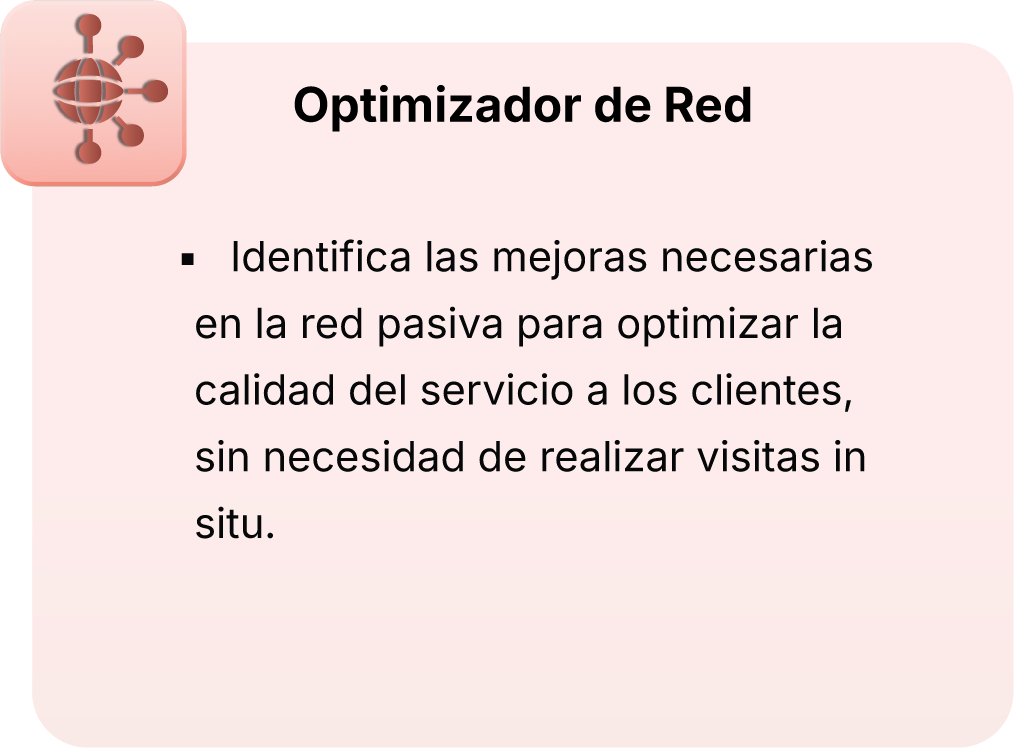 Slide with a pink background and a globe with network nodes icon on the top left corner. Title reads 'Optimizador de Red'. The slide contains text in Spanish about identifying necessary improvements in passive networks to optimize service quality for customers without on-site visits.