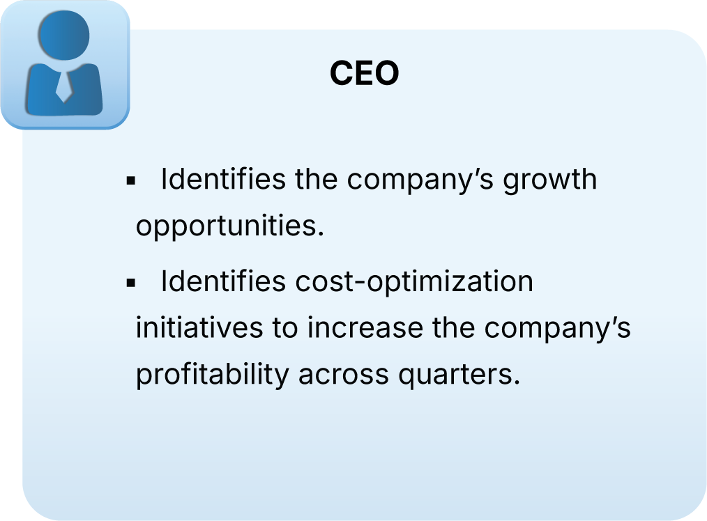 A presentation slide titled 'CEO' with bullet points about identifying growth opportunities and cost-optimization initiatives for company profitability.