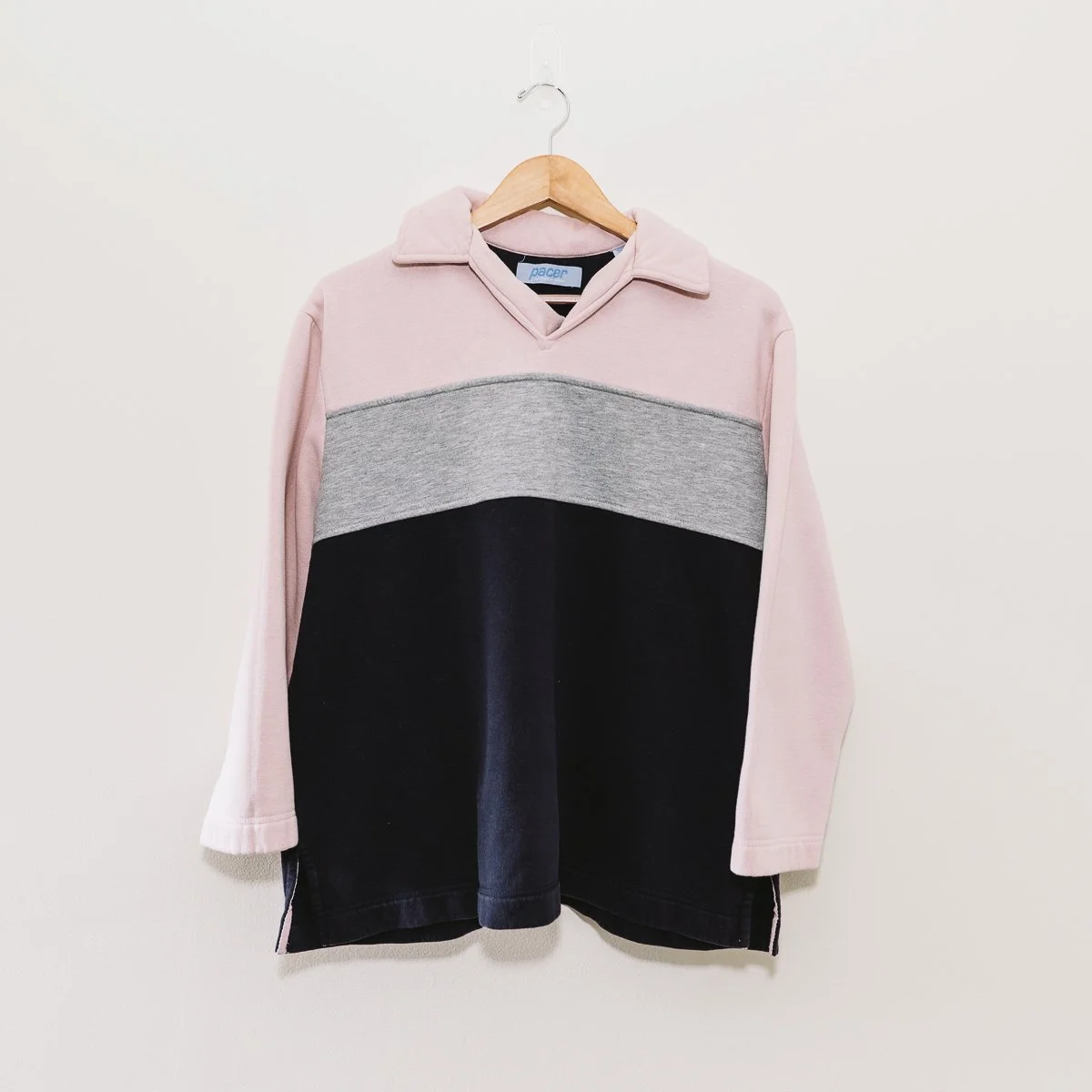 90s Pacer Pink Blue Gray Colorblock Collared Sweatshirt (L)