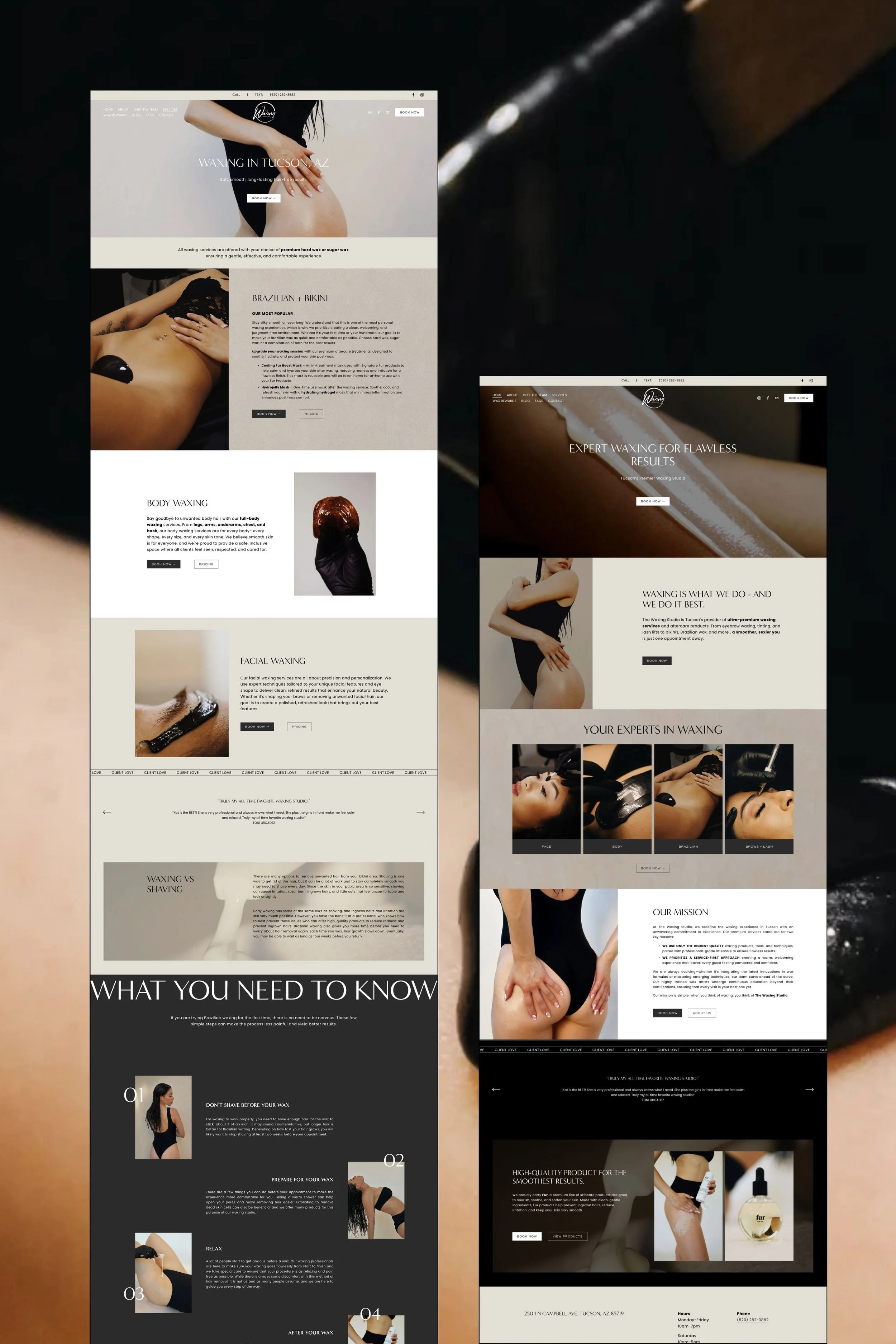 Results-focused section on a waxing studio website showcasing client transformations and service outcomes