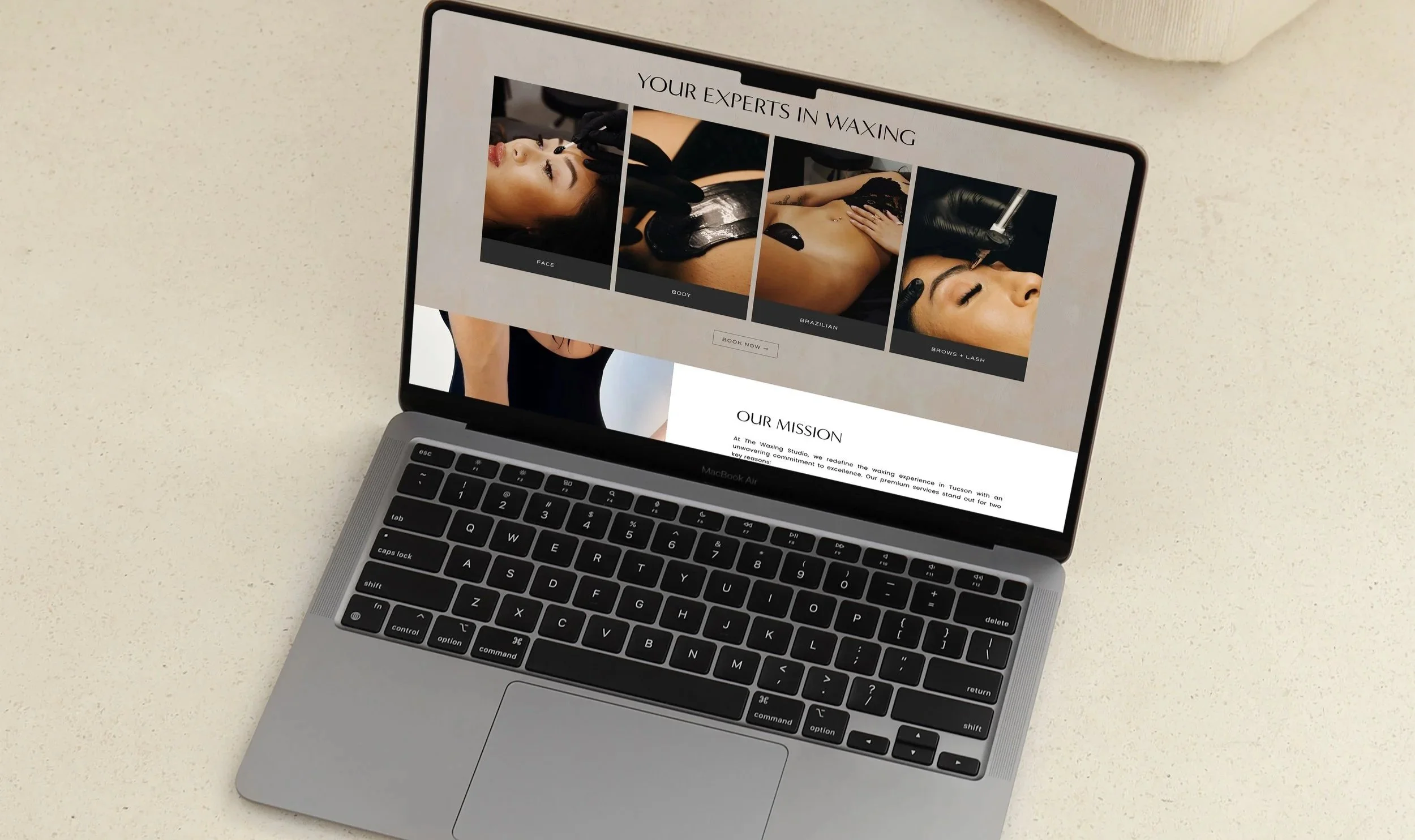 Mobile-friendly esthetician website design for a waxing studio with clean layout and easy booking experience