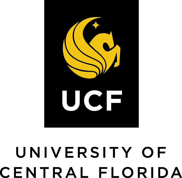 Black background with a gold stylized unicorn head and moon logo above the white letters 'UCF'.