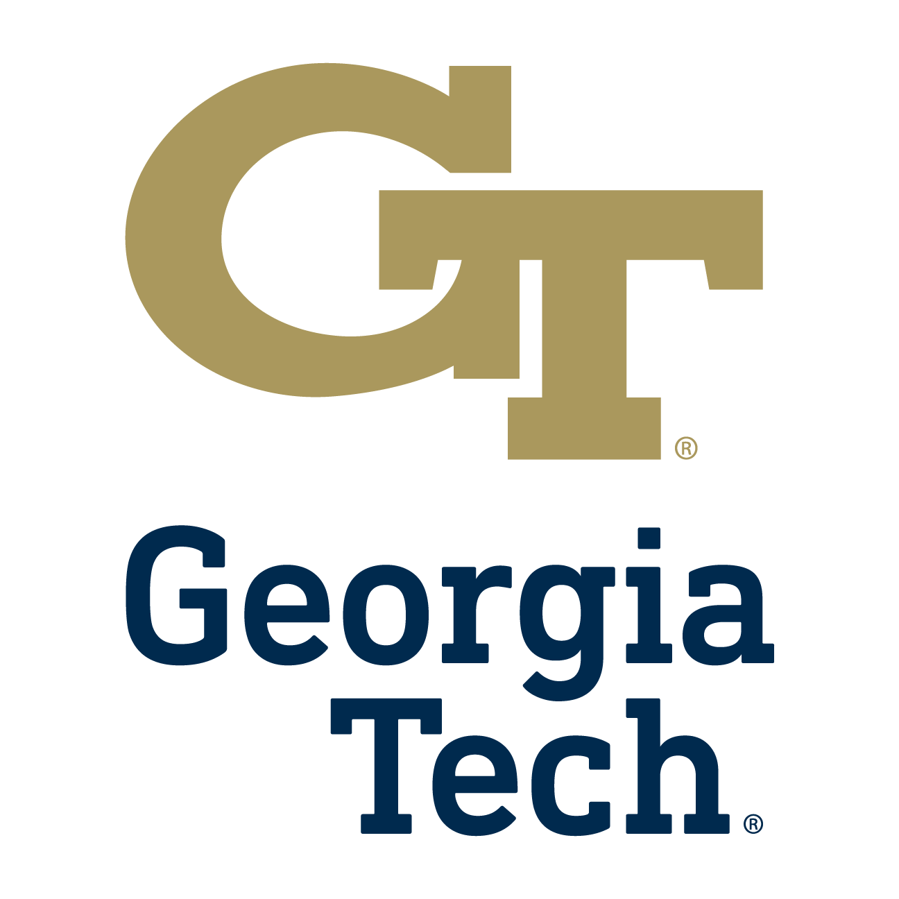 Georgia Tech logo with large gold letters 'GT' and the words 'Georgia Tech' in blue below.