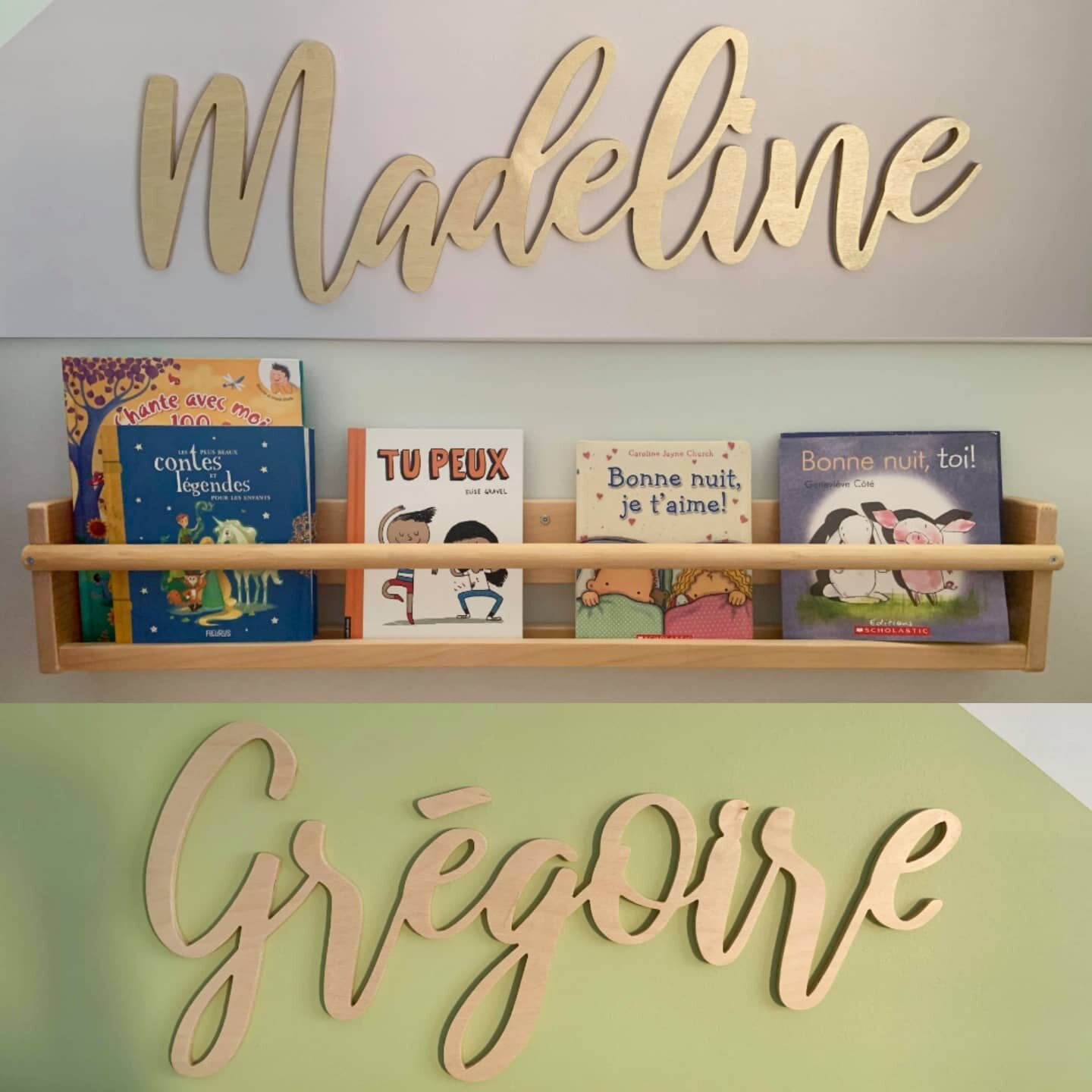 &Ccedil;a fait toujours plaisir de voir mes produits une fois install&eacute;! Un gros merci pour le partage de ces photos! 

Voici donc deux noms personnalis&eacute;s de 28"x 8" ainsi qu'une tablette pour livres selon une image apport&eacu