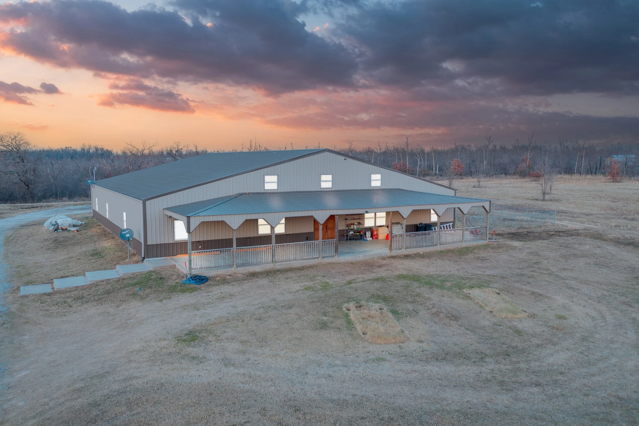 Drone image of a large court house style home